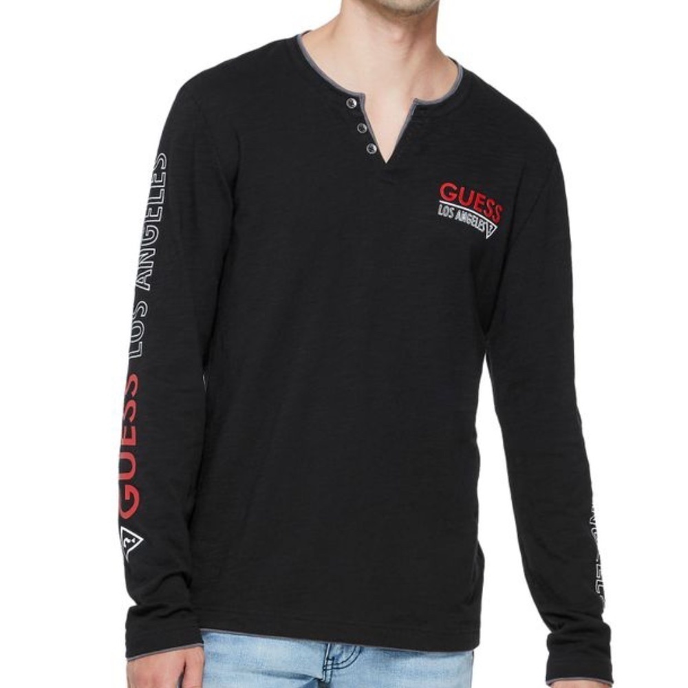 GUESS Logo Slit Long-Sleeve Henley Men's Shirt L